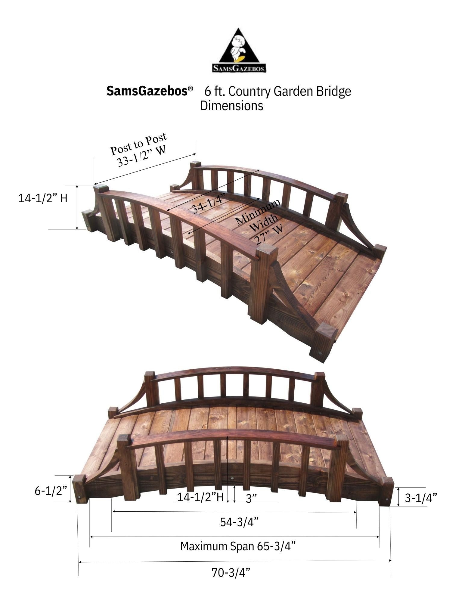 French Country Wooden Garden Bridge 6 ft.