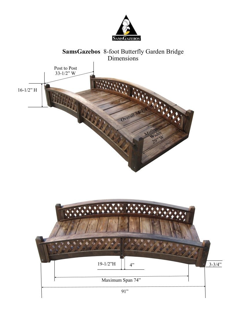 Butterfly Garden Bridge with Diamond Lattice Railings 8 ft.
