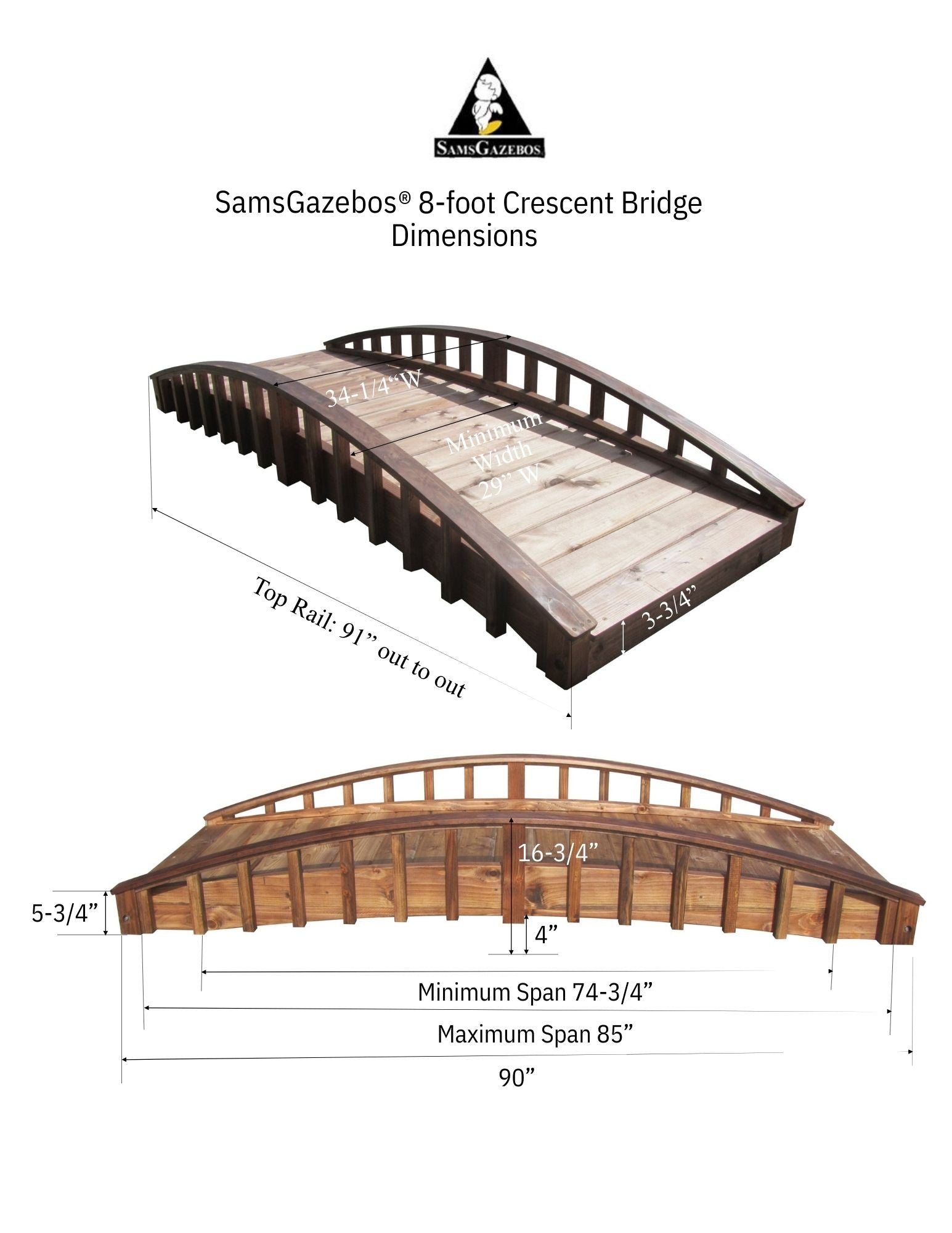 Crescent Japanese Wooden Bridge 8 ft.