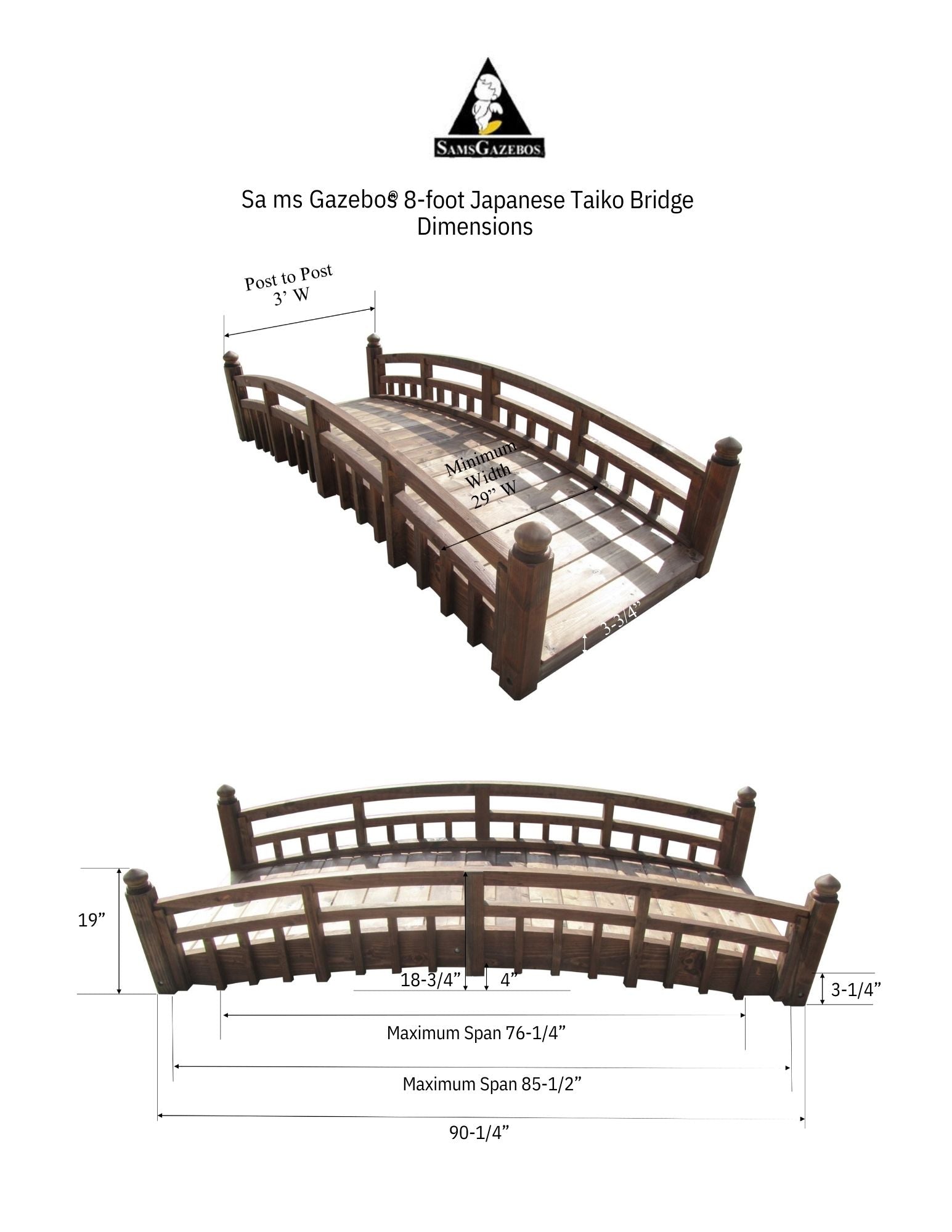 Japanese Garden Bridge with Split Railings and Finials 8 ft. Taiko