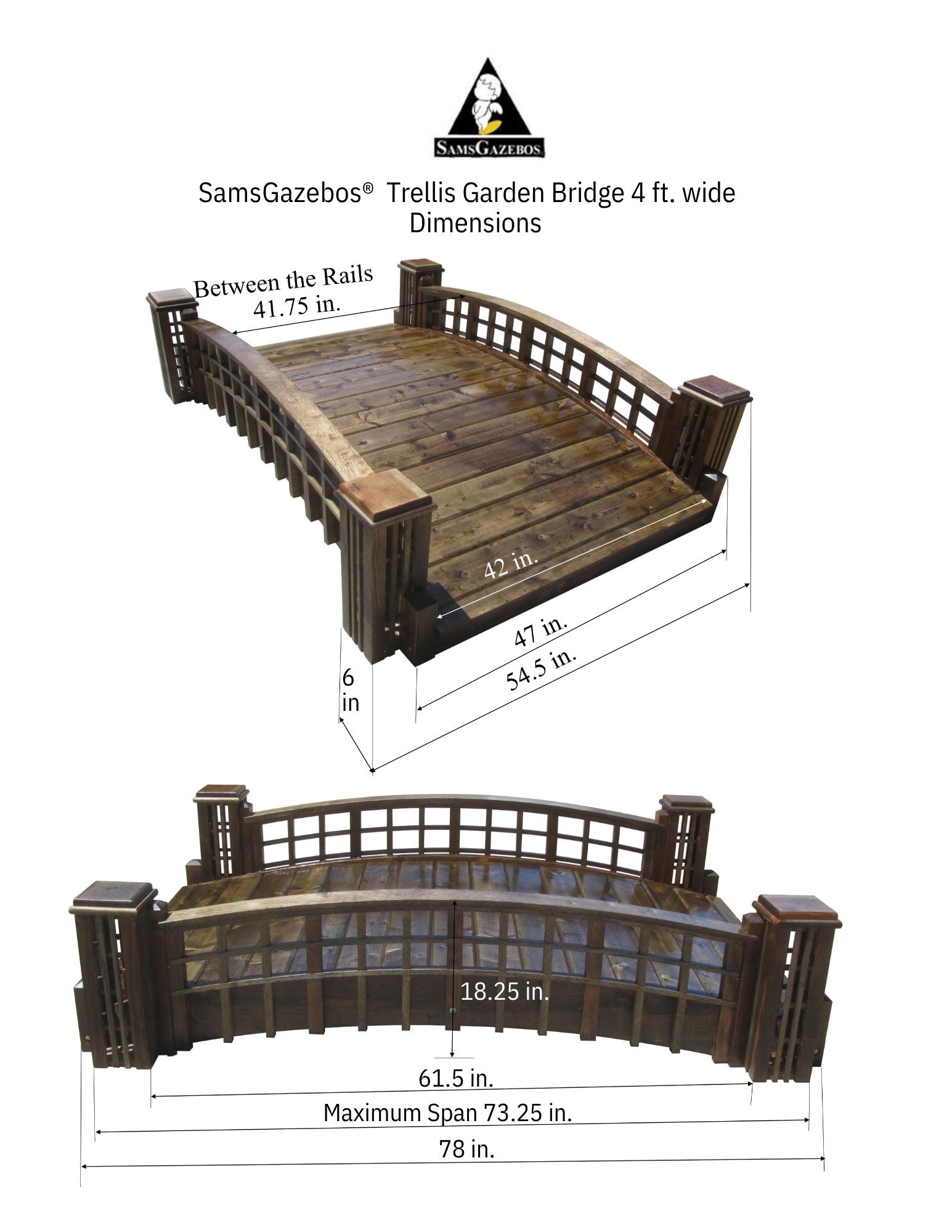 Garden Bridge with Cross Halving Grid Lattice and 4 Trellis Posts 7 ft.