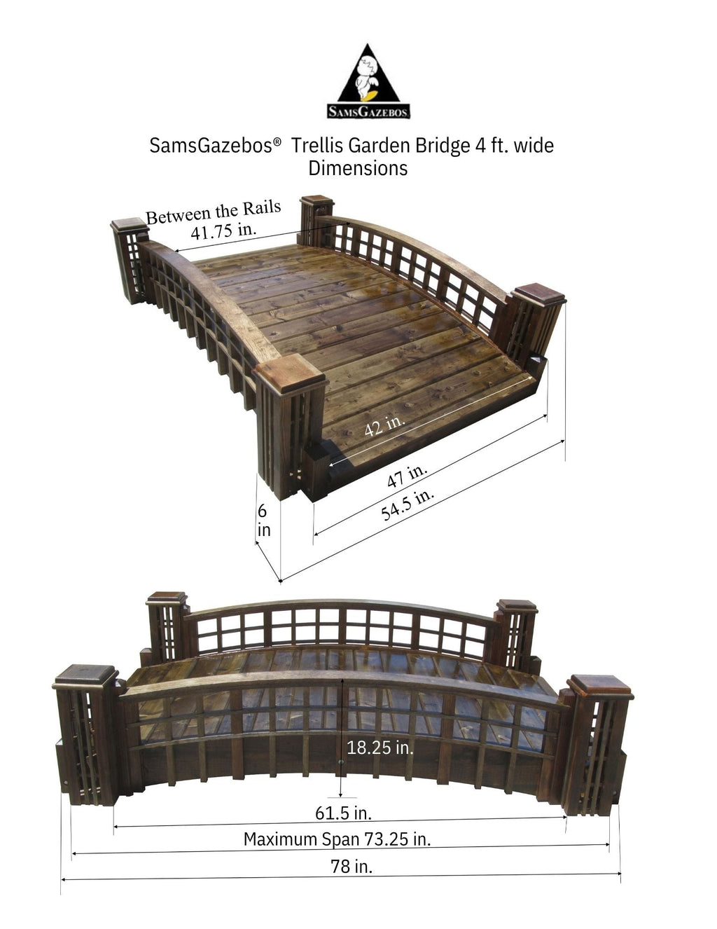 Pond Bridge with Grid Lattice and 4 Trellis Posts 7 ft. x 4 ft. 400 lb. Capacity