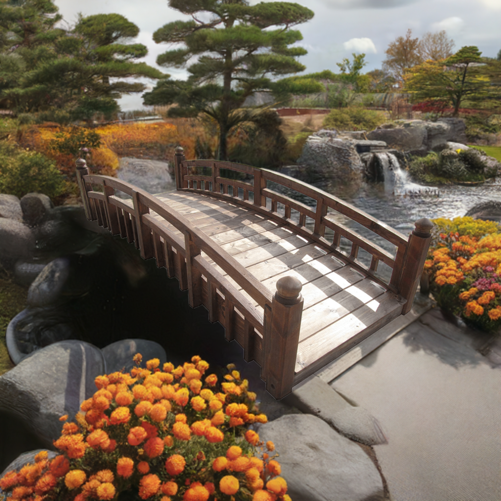 Japanese Garden Bridge with Split Railings and Finials 8 ft. Taiko