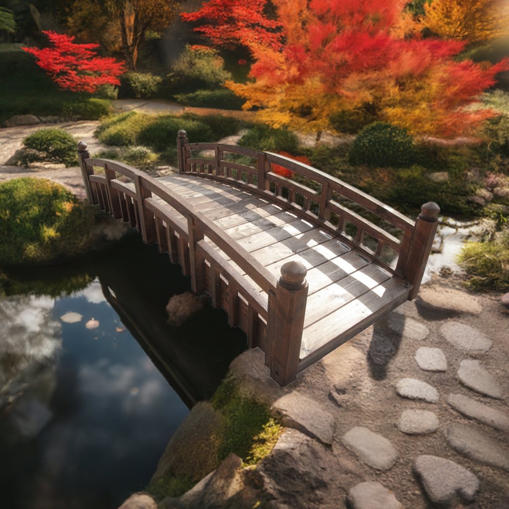 Japanese Garden Bridge with Split Railings and Finials 8 ft. Taiko