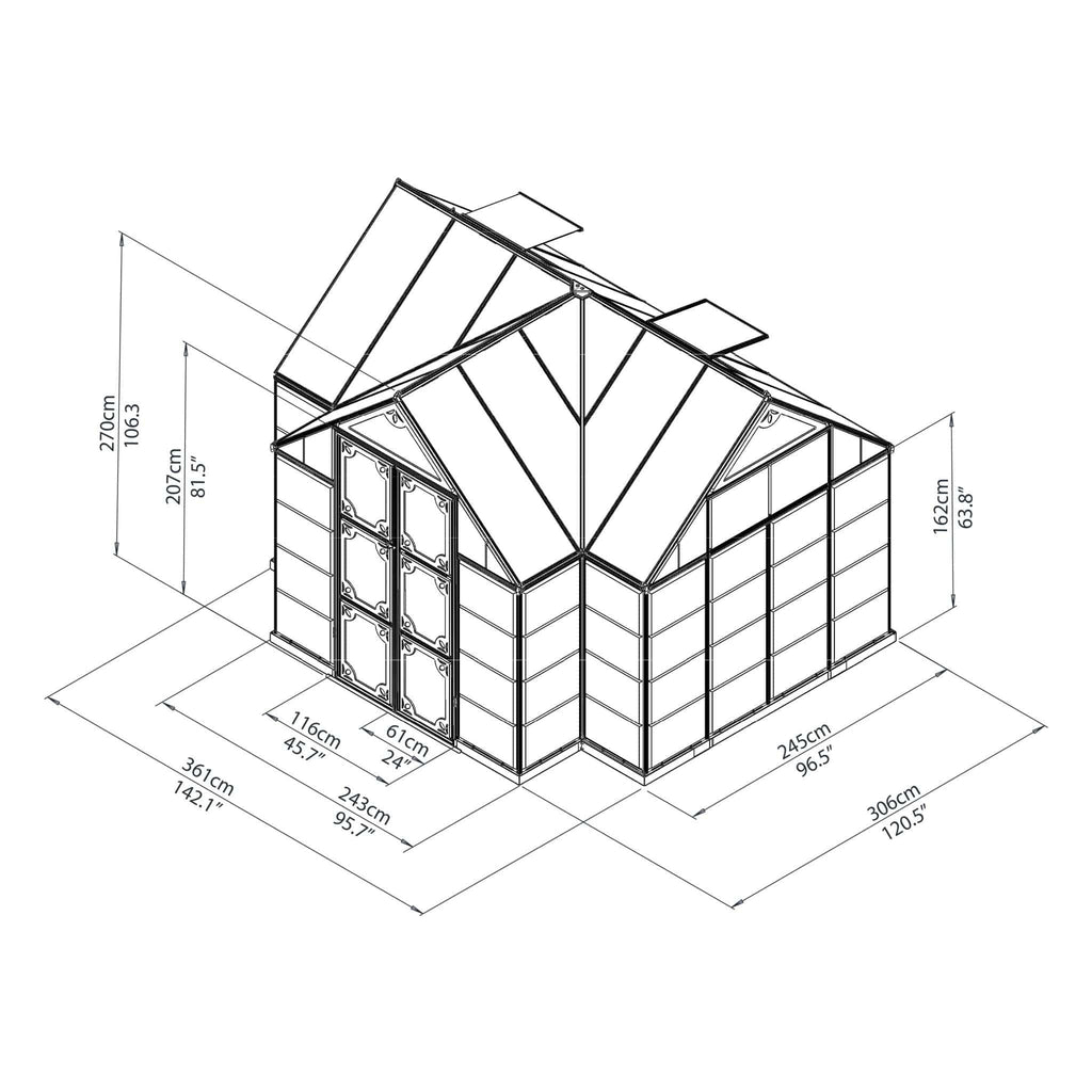 Palram - Canopia | 12x10 Ft Chalet Greenhouse Kit - Gray With 0.8mm Polycarbonate Glazing