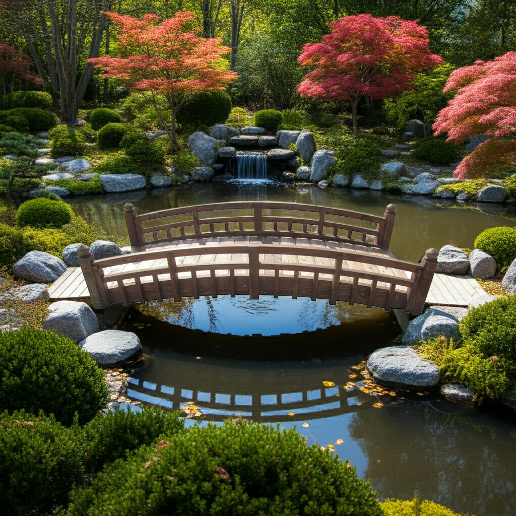 Japanese Garden Bridge with Split Railings and Finials 8 ft. Taiko