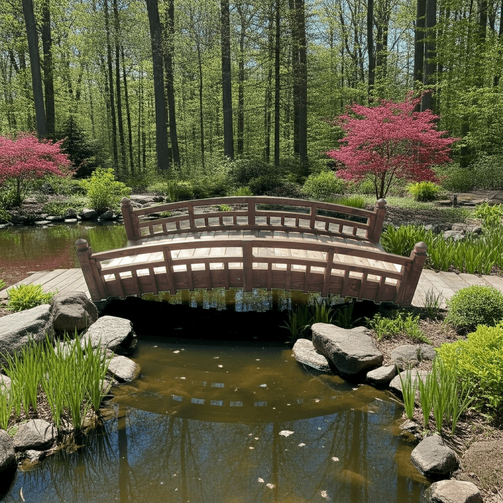 Japanese Garden Bridge with Split Railings and Finials 8 ft. Taiko