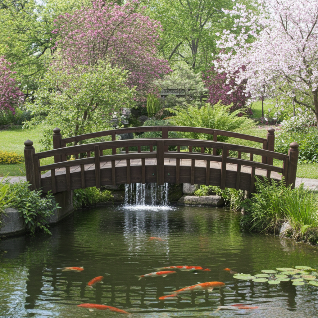 Japanese Garden Bridge with Split Railings and Finials 8 ft. Taiko