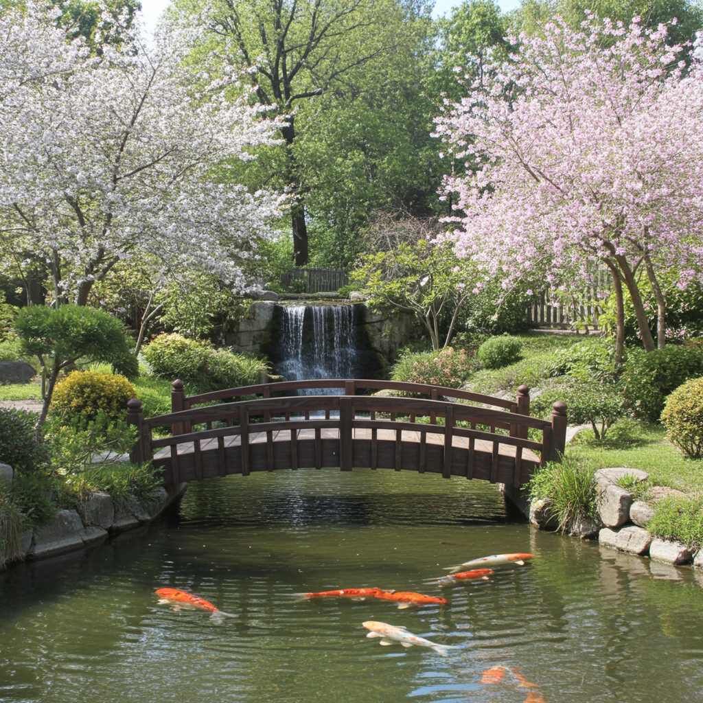 Japanese Garden Bridge with Split Railings and Finials 8 ft. Taiko