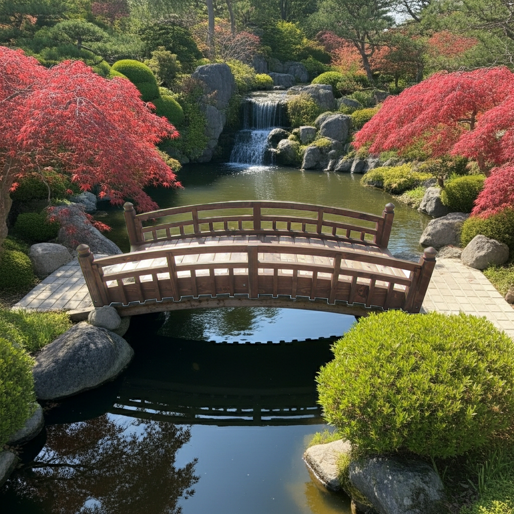 Japanese Garden Bridge with Split Railings and Finials 8 ft. Taiko