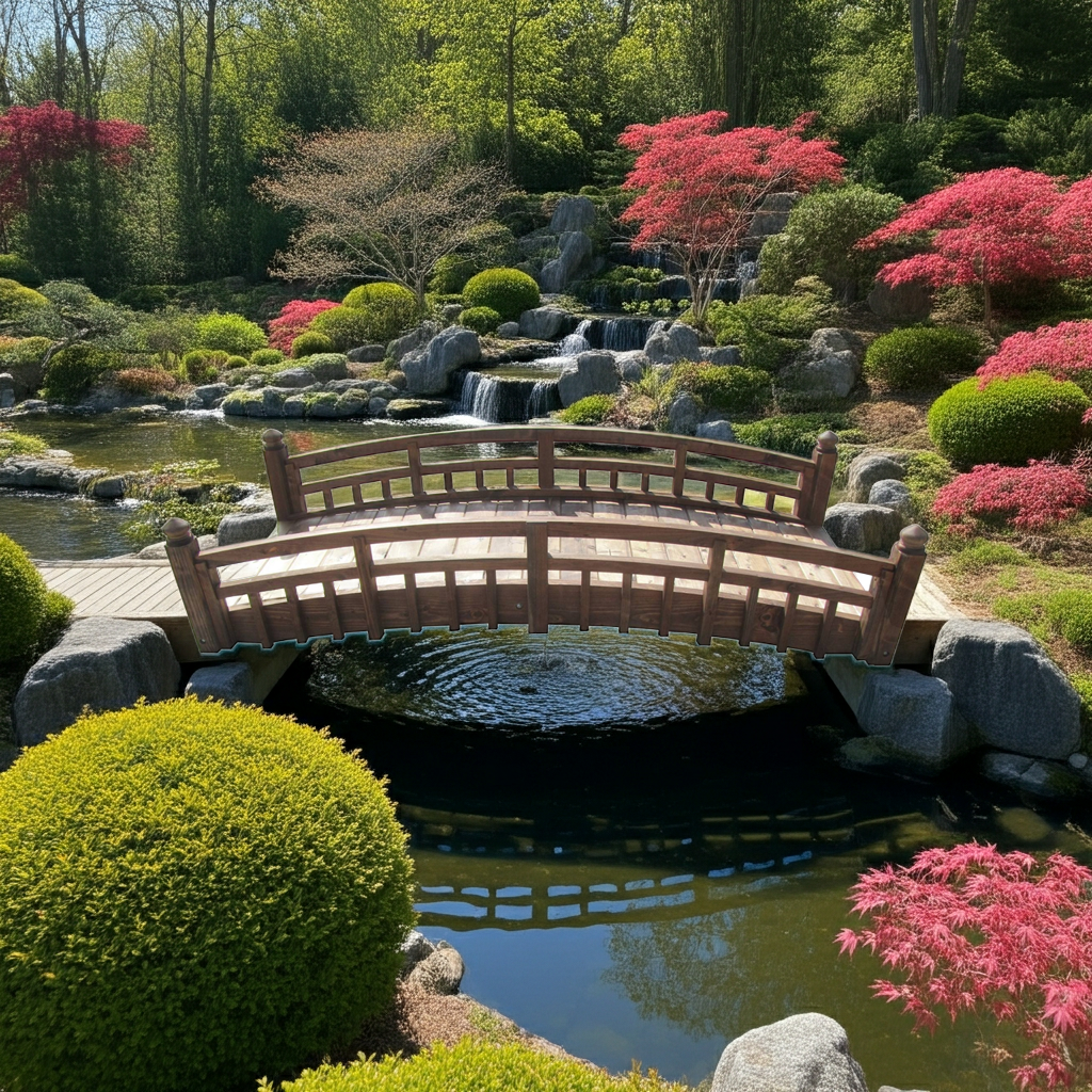 Japanese Garden Bridge with Split Railings and Finials 8 ft. Taiko