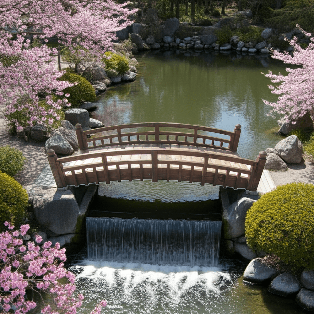 Japanese Garden Bridge with Split Railings and Finials 8 ft. Taiko