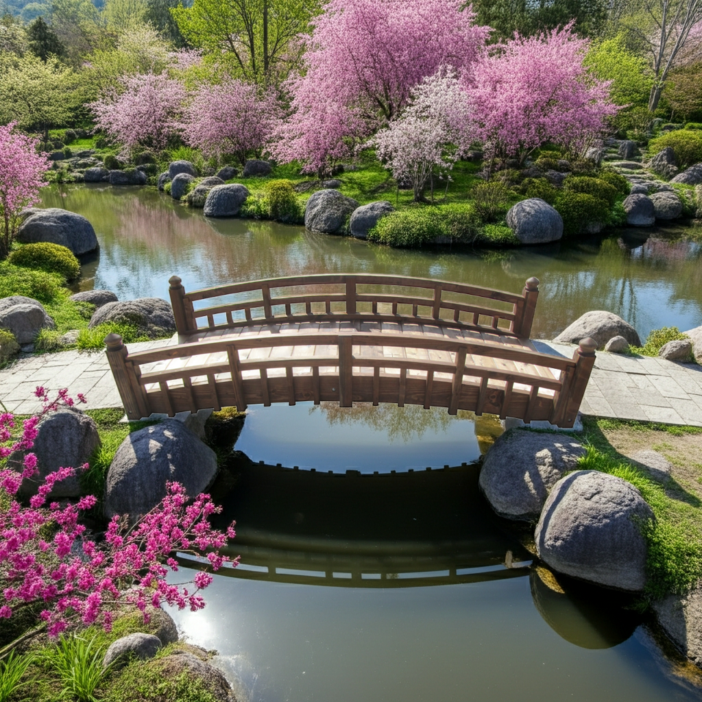 Japanese Garden Bridge with Split Railings and Finials 8 ft. Taiko